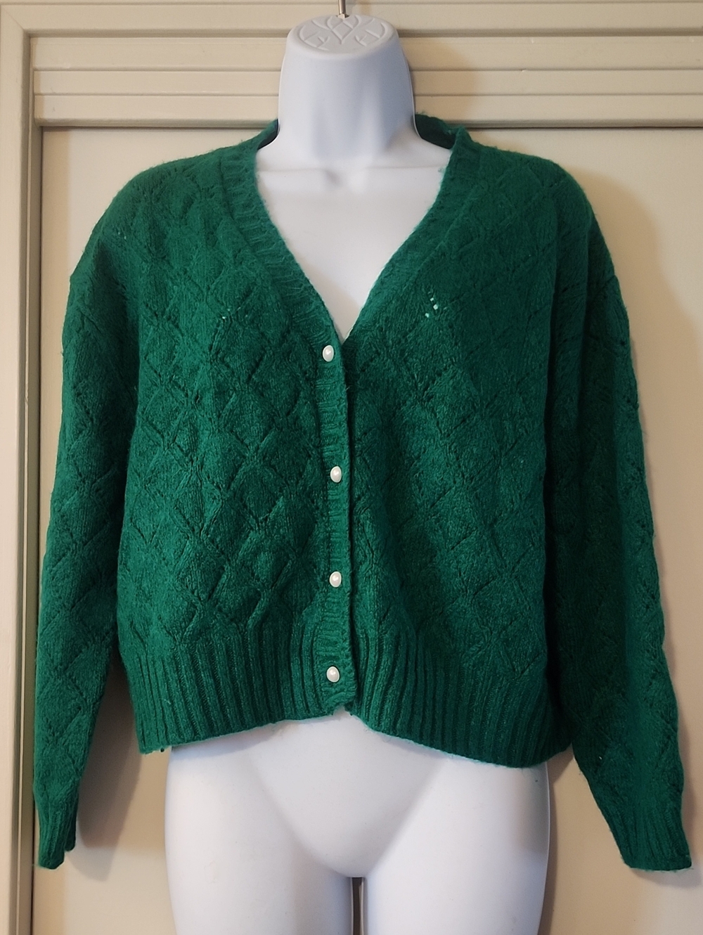 MNG Emerald Diamond Cable Knit V‑Neck Cardigan